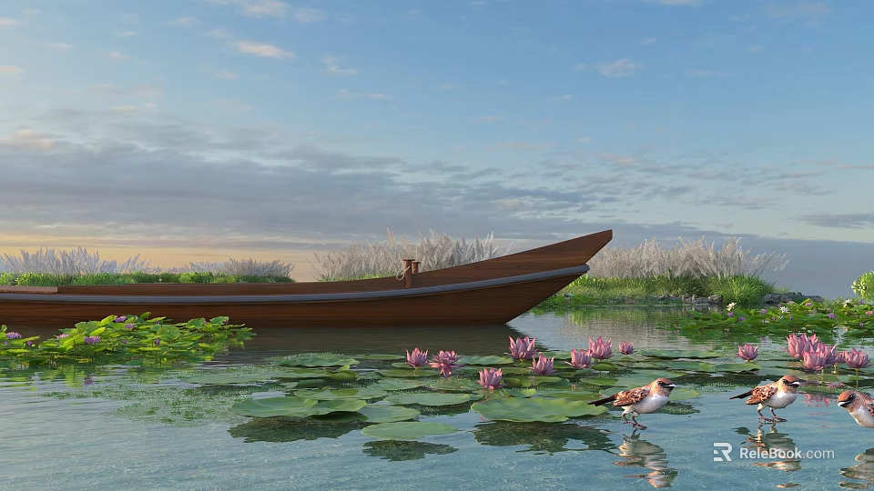 Scenic Water Landscape With Brown Boat Pink Lotus Flowers Lily Pads Birds And Blue Sky 3d model 