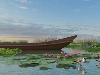 Scenic Water Landscape With Brown Boat Pink Lotus Flowers Lily Pads Birds And Blue Sky 3d model