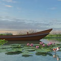 Scenic Water Landscape With Brown Boat Pink Lotus Flowers Lily Pads Birds And Blue Sky
