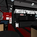 Modern Restaurant Interior With Red Brick Wall Black White Decor And Red Flooring