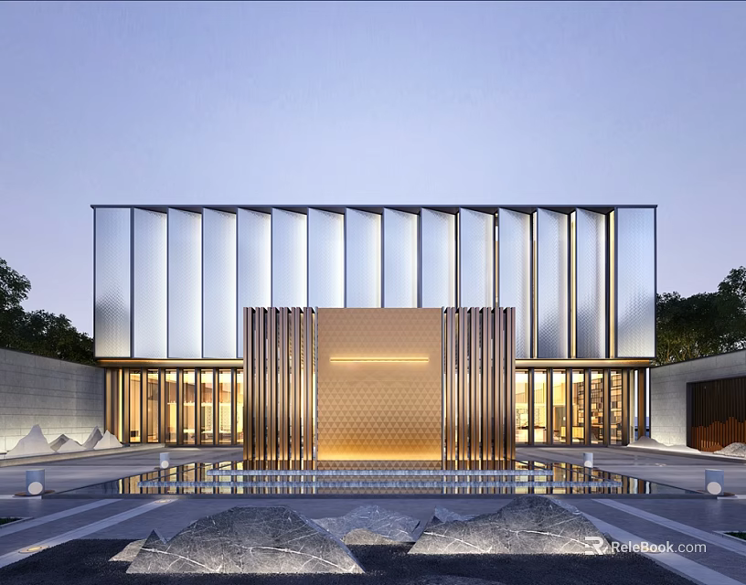 Modern Sales Center Building With Glass Facade Golden Metal Columns And Front Water Pool 3d model 