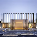 Modern Sales Center Building With Glass Facade Golden Metal Columns And Front Water Pool