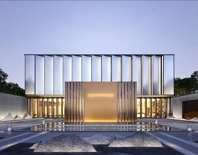 Modern Sales Center Building With Glass Facade Golden Metal Columns And Front Water Pool 3d model