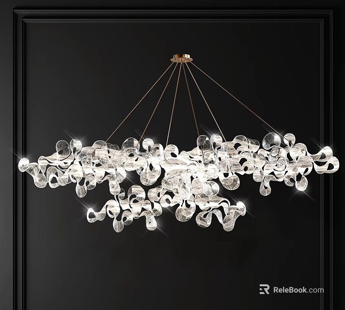 Modern Elegant Crystal Chandelier With Irregular Glass Pieces And Gold Chains 3d model 