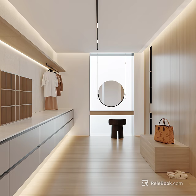 Modern Walk-in Closet Interior Design With White Countertop Hanging Clothes Round Mirror And Wooden Cabinets 3d model 