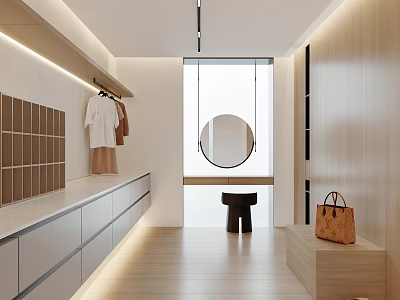 Modern Walk-in Closet Interior Design With White Countertop Hanging Clothes Round Mirror And Wooden Cabinets 3d model