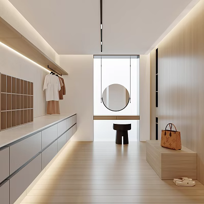 Modern Walk-in Closet Interior Design With White Countertop Hanging Clothes Round Mirror And Wooden Cabinets 3d model