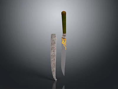 Traditional Decorative Knife With Green Handle Gold Decoration And Patterned Sheath 3d model