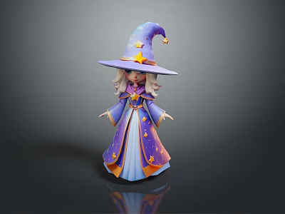 Wizard Character with Purple Starry Hat Blue Purple Robe Gold Star Decorations Cartoon 3d model