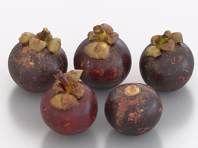 Fresh Ripe Mangosteen Fruits With Green Calyx On White Shiny Surface 3d model
