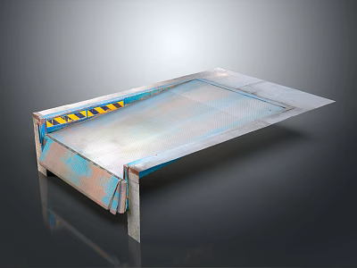 Industrial Metal Platform With Mesh Surface Yellow Black Warning Stripes Blue Rust And Supportive Legs 3d model