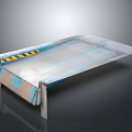 Industrial Metal Platform With Mesh Surface Yellow Black Warning Stripes Blue Rust And Supportive Legs