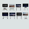 Multiple Mobile TVs with Rolling Stands and Various Display Screens Showing Time and Landscapes