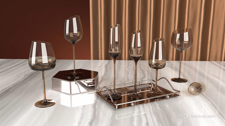 Elegant Wine Bottles and Glasses on Metallic Tray with Marble Countertop and Brown Curtain 3d model 