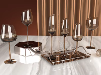 Elegant Wine Bottles and Glasses on Metallic Tray with Marble Countertop and Brown Curtain 3d model