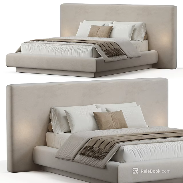 Modern Upholstered Double Bed With Beige Headboard White Pillows Brown Accent Cushions And Striped Blanket 3d model 