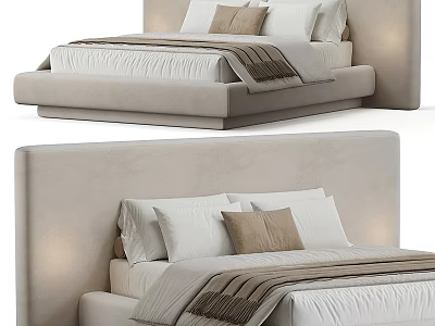 Modern Upholstered Double Bed With Beige Headboard White Pillows Brown Accent Cushions And Striped Blanket 3d model