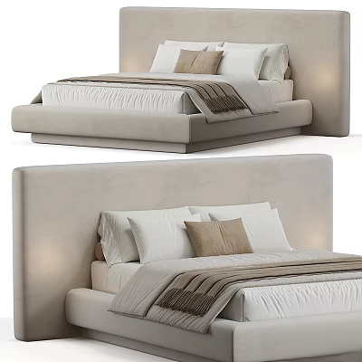 Modern Upholstered Double Bed With Beige Headboard White Pillows Brown Accent Cushions And Striped Blanket 3d model