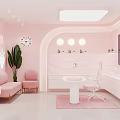 Modern Pink Public Office Space With Sofa Chair Desk Green Plant And Clock