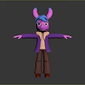 Cartoon Creature With Pink And Blue Ears Purple Coat Brown Pants Red Shoes Arms Outstretched