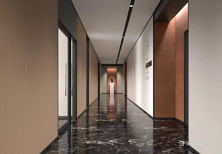 Modern Hotel Corridor With Black Marble Floor Side Doors Warm Walls And Ceiling Lighting 3d model 