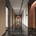 Modern Hotel Corridor With Black Marble Floor Side Doors Warm Walls And Ceiling Lighting