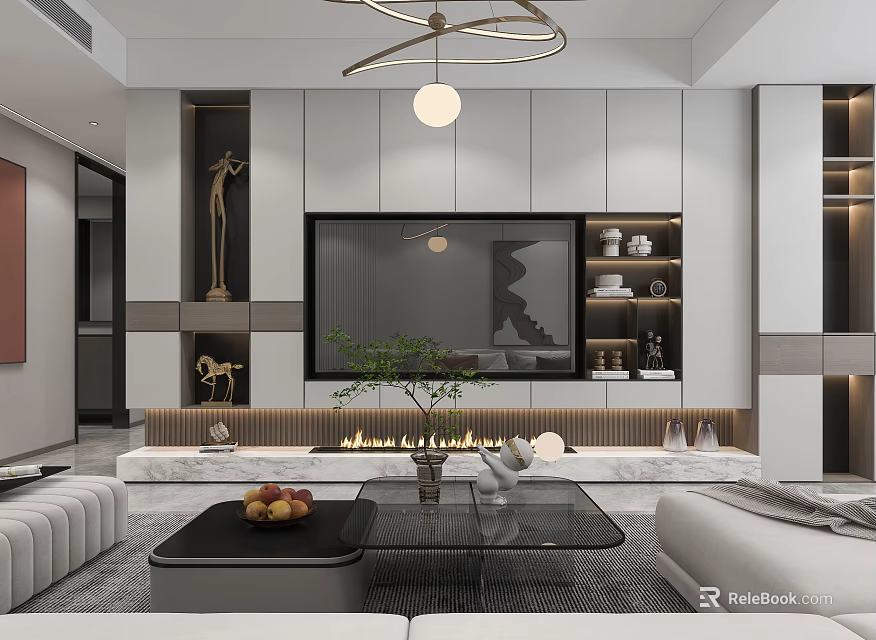 Modern Living and Dining Room Interior With TV Wall Fireplace Sofa And Decorative Plant 3d model 