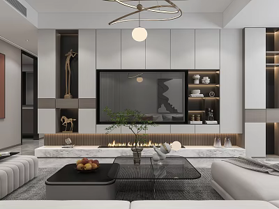 Modern Living and Dining Room Interior With TV Wall Fireplace Sofa And Decorative Plant 3d model