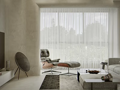 Minimalist Modern Living Dining Room Interior With Sofa Coffee Table Armchair And Sheer Curtains 3d model