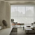 Minimalist Modern Living Dining Room Interior With Sofa Coffee Table Armchair And Sheer Curtains