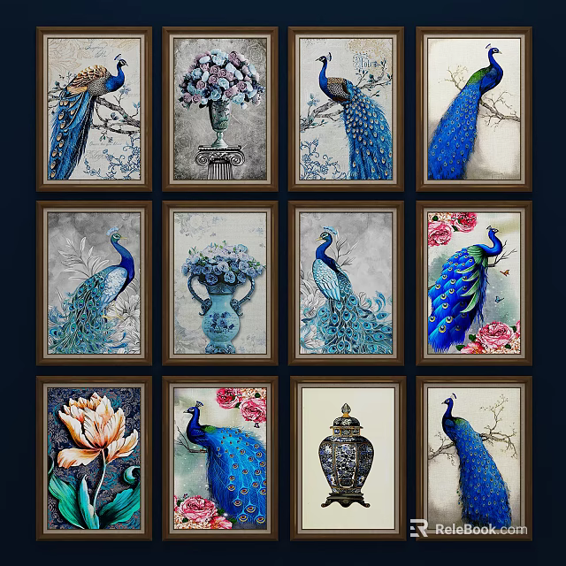 Colorful Peacock Animal Paintings Collection With Vase And Flower Elements In Frames 3d model 