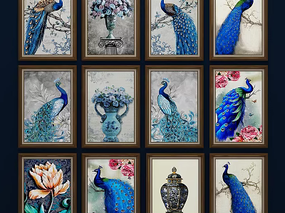 Colorful Peacock Animal Paintings Collection With Vase And Flower Elements In Frames 3d model