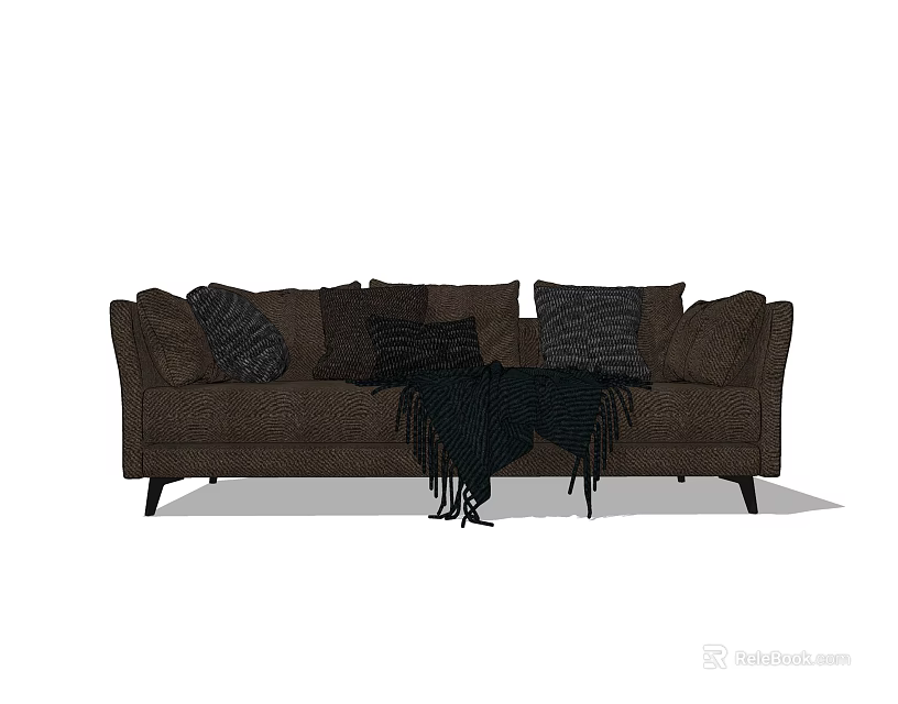 Brown Two-Seater Sofa with Decorative Pillows and Black Throw Blanket 3d model