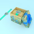 Green Strap Wristwatch In Open Patterned Gift Box With Blue Ribbon 3d model
