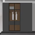 Modern Wooden Wardrobe Interior With Glass Doors Hanging Clothes And Shelves