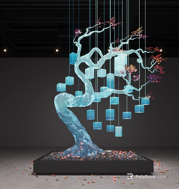 Blue Tree Shaped DP Installation With Hanging Blue Cubes And Floral Decorations 3d model 