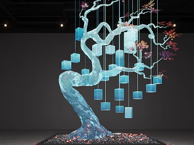 Blue Tree Shaped DP Installation With Hanging Blue Cubes And Floral Decorations 3d model