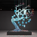 Blue Tree Shaped DP Installation With Hanging Blue Cubes And Floral Decorations