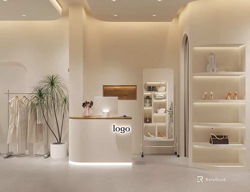 Modern Clothing Store With Counter Hanging Clothes Green Plant White Shelves Shoes And Bags 3d model 