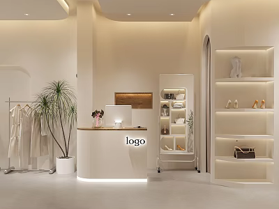Modern Clothing Store With Counter Hanging Clothes Green Plant White Shelves Shoes And Bags 3d model