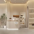 Modern Clothing Store With Counter Hanging Clothes Green Plant White Shelves Shoes And Bags