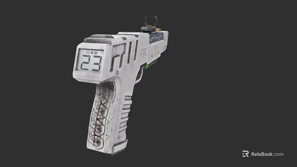 Futuristic White Sci Fi Weapon With Digital Display 23 And Patterned Grip 3d model