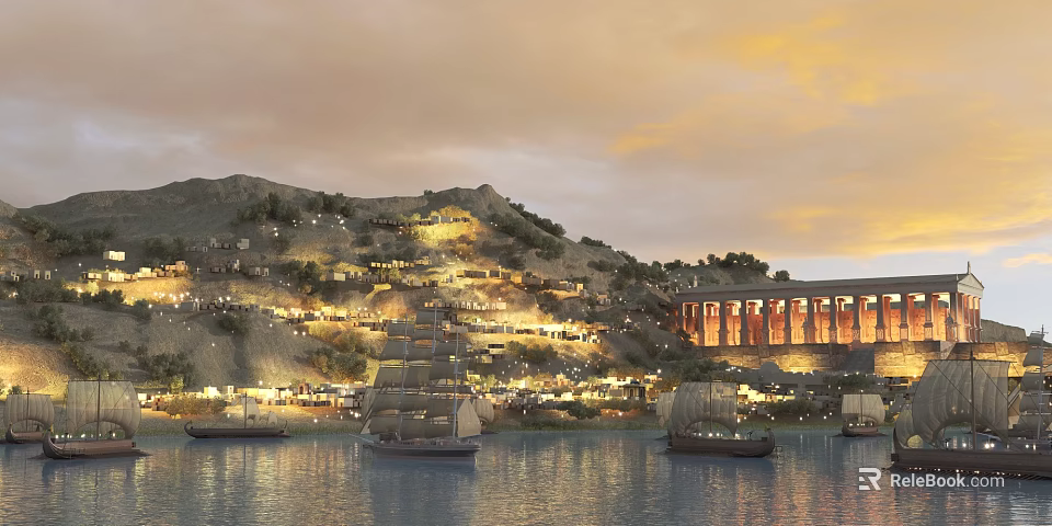 Cartoon Scene Of Illuminated Hillside Village Sailboats And Arch Bridge On Water 3d model 