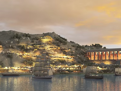 Cartoon Scene Of Illuminated Hillside Village Sailboats And Arch Bridge On Water 3d model