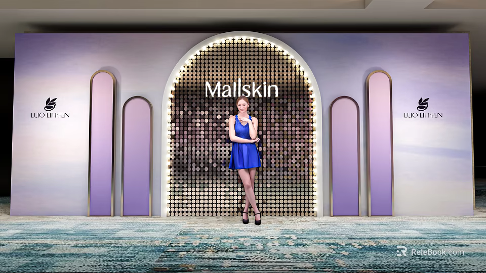 Mallskin Photo Check In Spot With Sparkling Arched Backdrop And Purple Decorations 3d model 