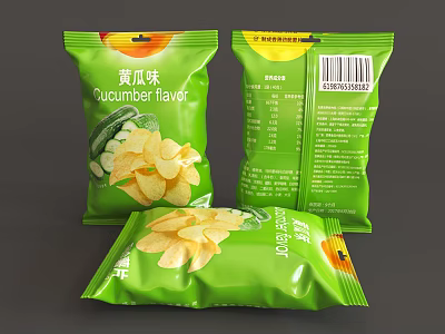 Fresh and Crunchy Cucumber Flavor Potato Chips in Green Snack Bags 3d model
