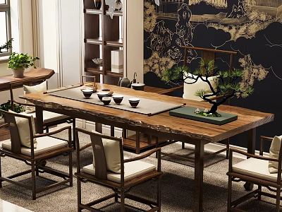 Traditional Chinese Wooden Tea Table and Chairs With Tea Sets and Potted Plant Decor 3d model
