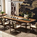 Traditional Chinese Wooden Tea Table and Chairs With Tea Sets and Potted Plant Decor