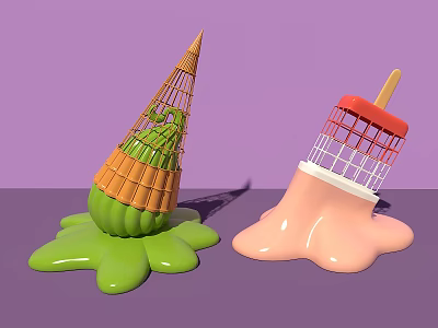 Creative Melted Ice Cream Shapes Design With Grid And Colorful Liquid 3d model