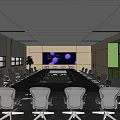 Modern Conference Room With Long Table Gray Chairs Large Screen Windows And Lighting